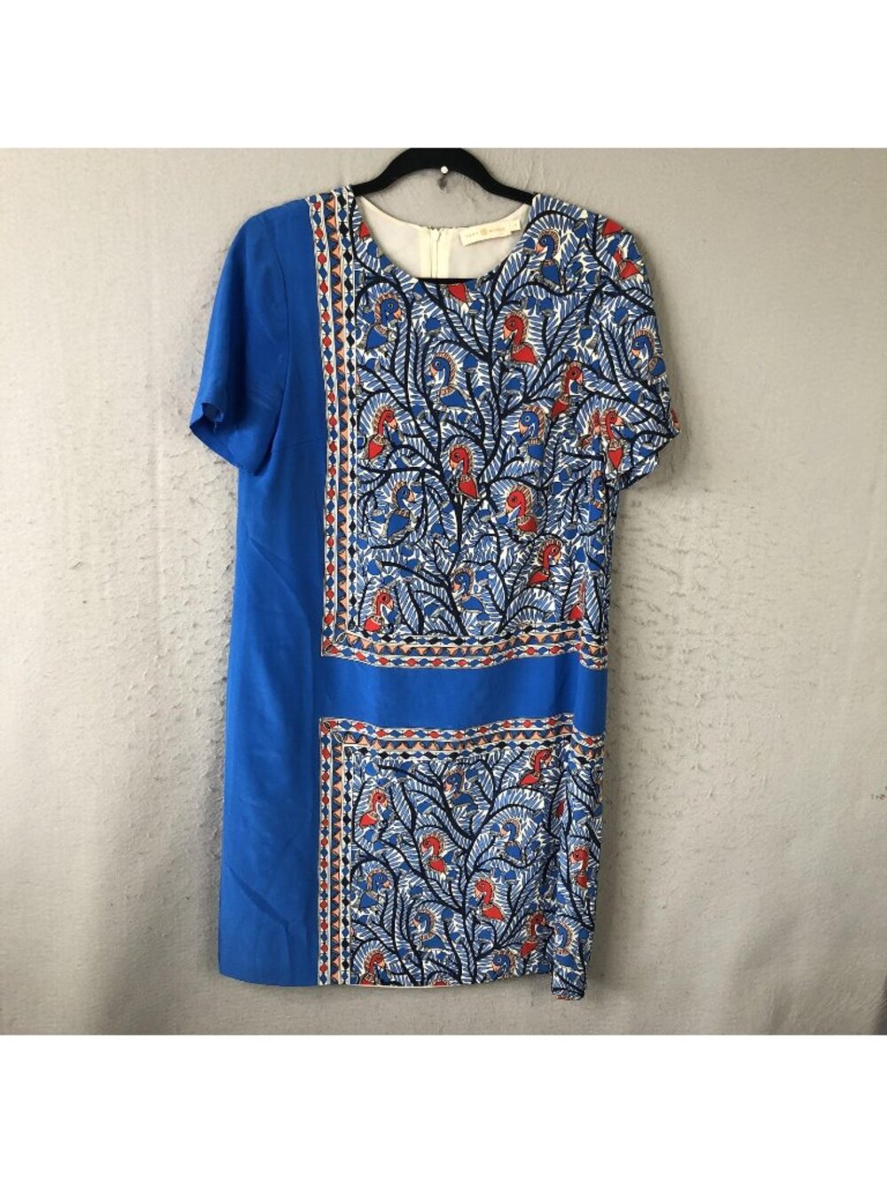 Tory Burch Dress Womens 4 Blue Bird Print Silk Shift Short Sleeve Boho Party